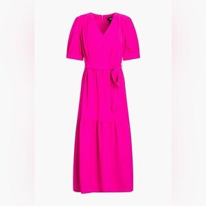 DKNY | Faux Wrap Cap Sleeve Tiered Midi Dress in Magenta Size 16